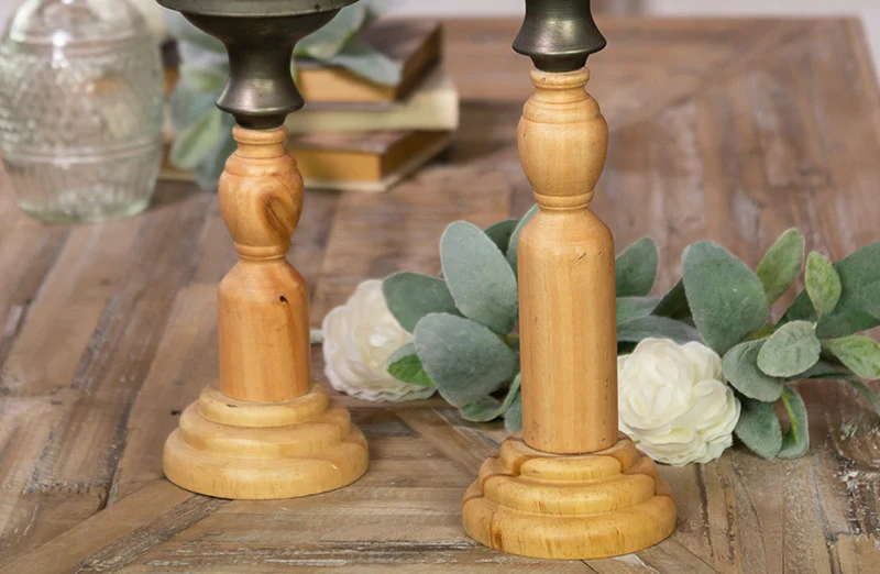 Metal and Wood Pillar Candle Holders. Set of 2