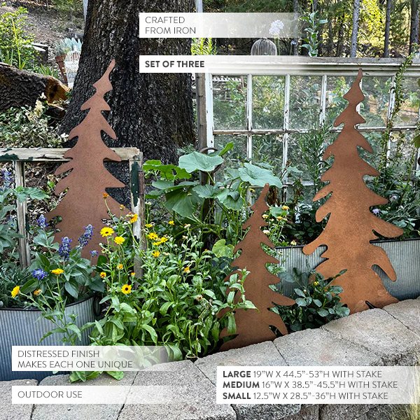 Rustic Distressed Metal Outdoor Trees with Yard Stakes, Set of 3