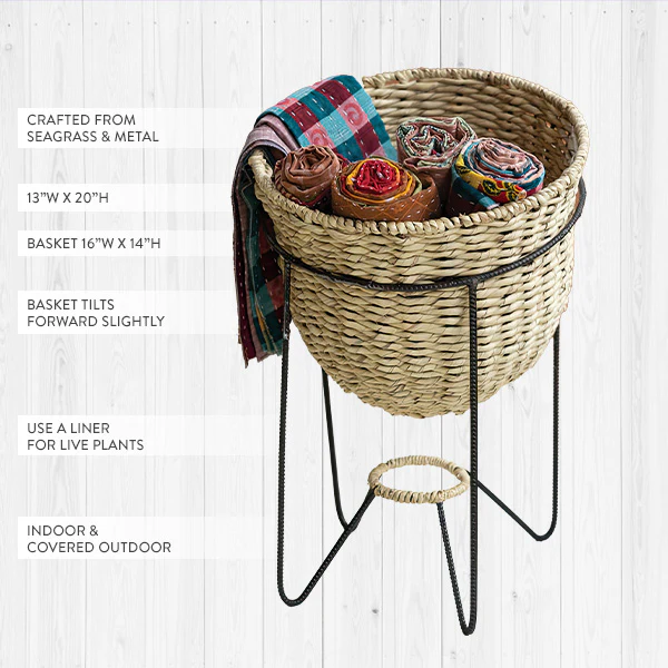Woven Seagrass Display Basket with Angled Metal Stand