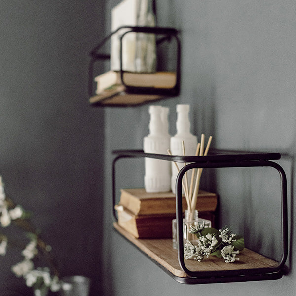 Industrial Metal Framed Wall Shelves, Set of 2