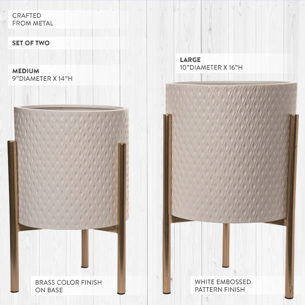 Embossed White Planter with Brass Finish Stands, Set of 2