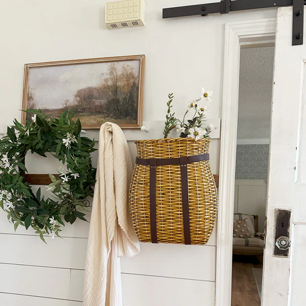 Oversized Rattan Wall Basket with Vegan Leather Trim