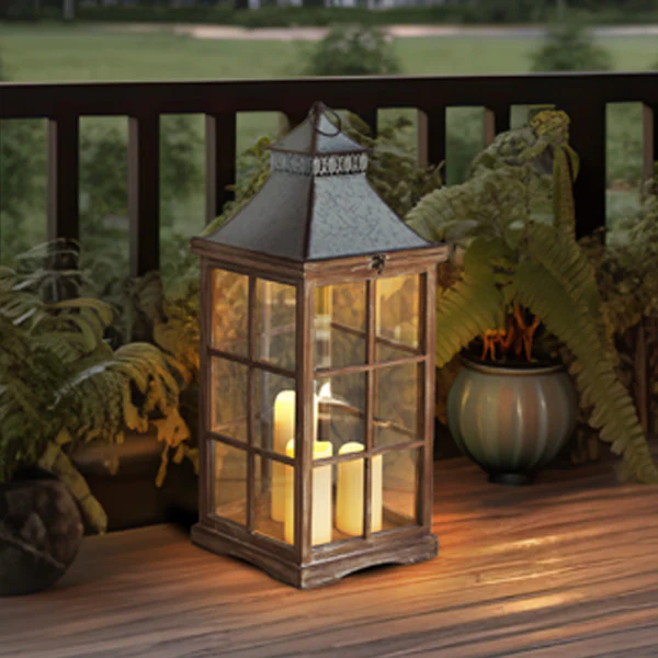 Wooden Lantern with Three LED Candles