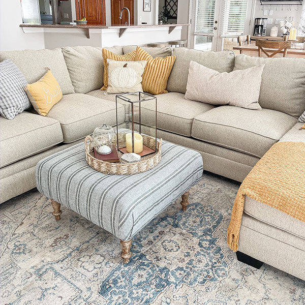 Large Striped Upholstered Ottoman