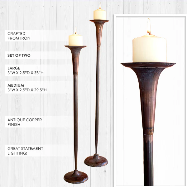 Extra Tall Antique Copper Finish Iron Candle Holders, Set of 2