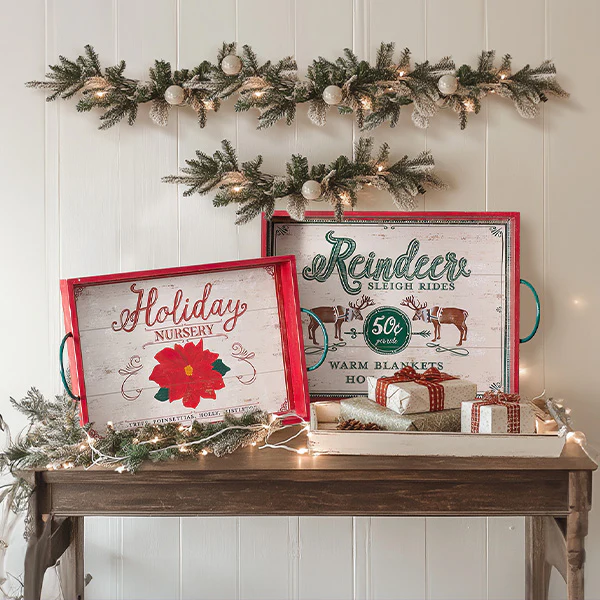 Vintage Inspired Wood Holiday Serving Trays with Handles, Set of Two