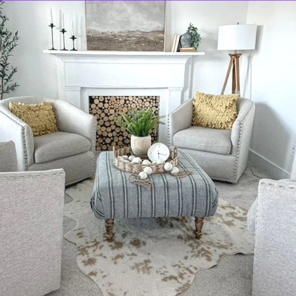 Large Striped Upholstered Ottoman