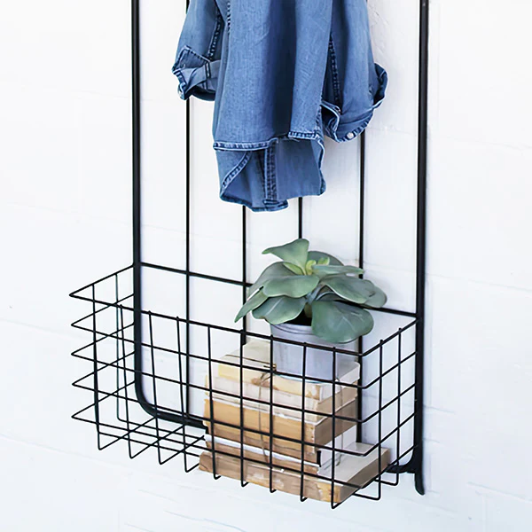 Wall Mounted Metal Coat Rack with Basket