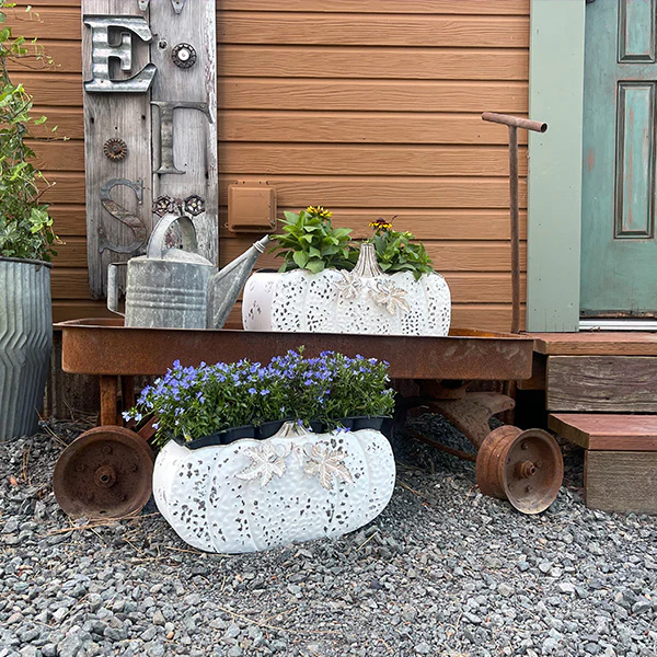 Antiqued Finish Pumpkin Carriage Planters, Set of 2