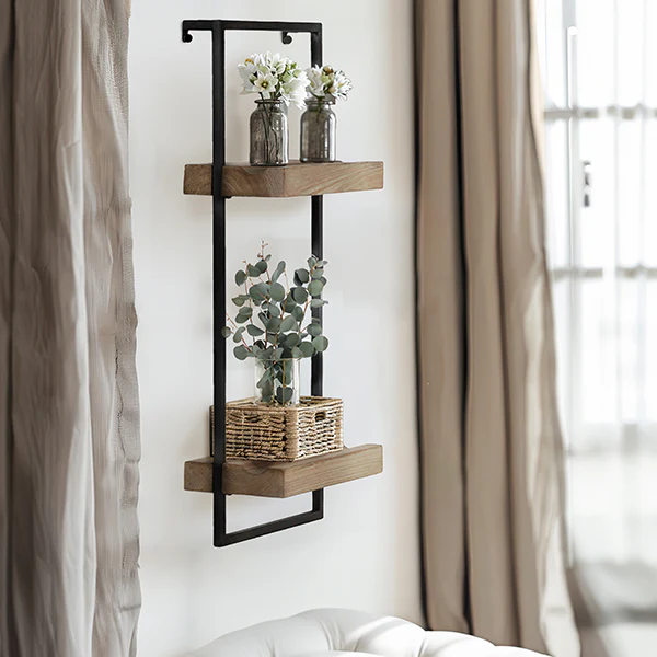 2 Tier Iron and Wood Wall Shelf