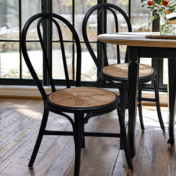 Mid-Century Black Wood and Rattan Dining Chair