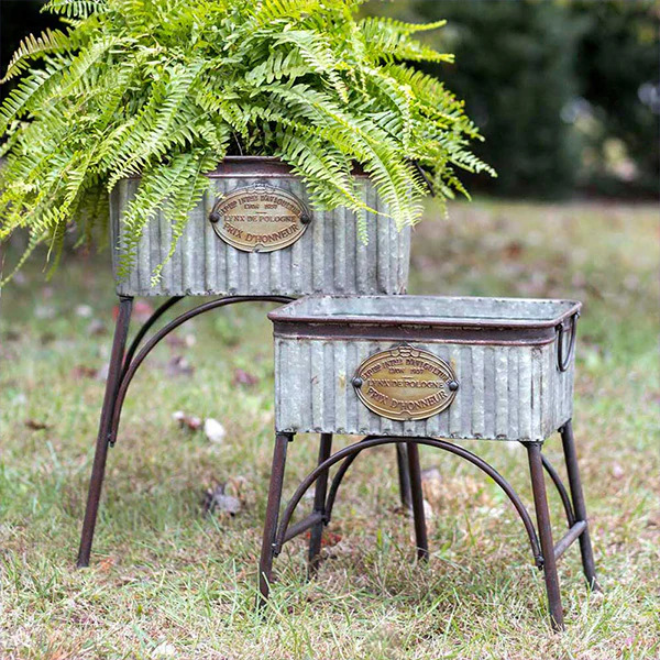 Farmhouse Galvanized Metal Planters with Stands, Set of 2
