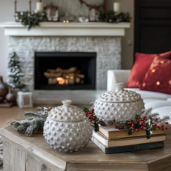 Round Knobby White Ceramic Canisters, Set of Two