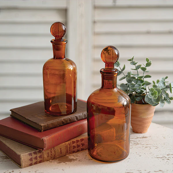 Amber Apothecary Glass Bottles with Stoppers, Set of Two