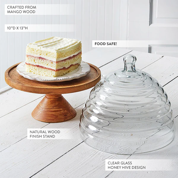 Modern Honey Hive Glass Cloche with Mango Wood Stand