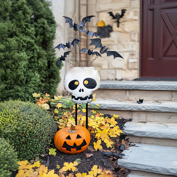 Painted Metal Halloween Skull with Bats Yard Art