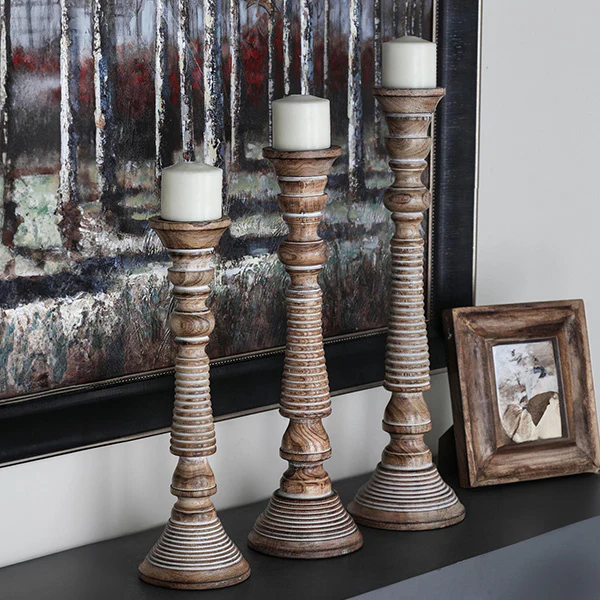 Mango Wood Pillar Candle Holders, Set of Three