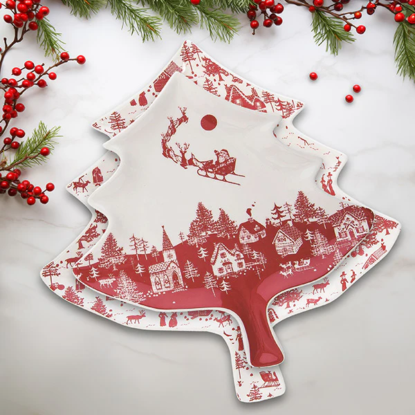 Tree Shaped Toile Christmas Plates, Set of 2