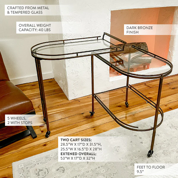 Folding Bronze Bar Cart with Wheels