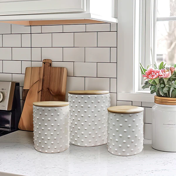 White Hobnail Ceramic Canister Set with Lids