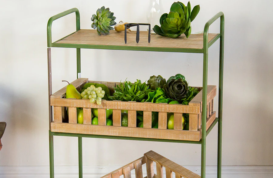 Green Rolling Cart With Wooden Crate Shelves