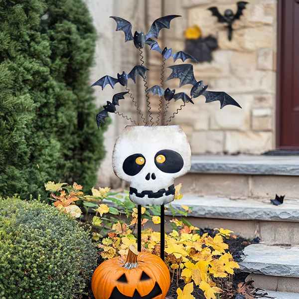 Painted Metal Halloween Skull with Bats Yard Art