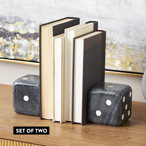 Black Marble Dice Bookend, Set of Two