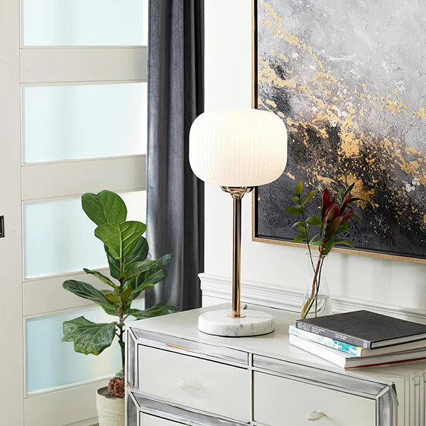 Marble Metal Table Lamp with White Glass Shade