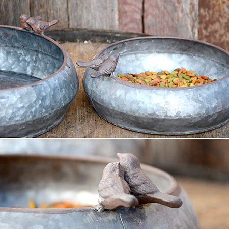 Galvanized Metal Nesting Bowls with Bird Accents, Set of 2