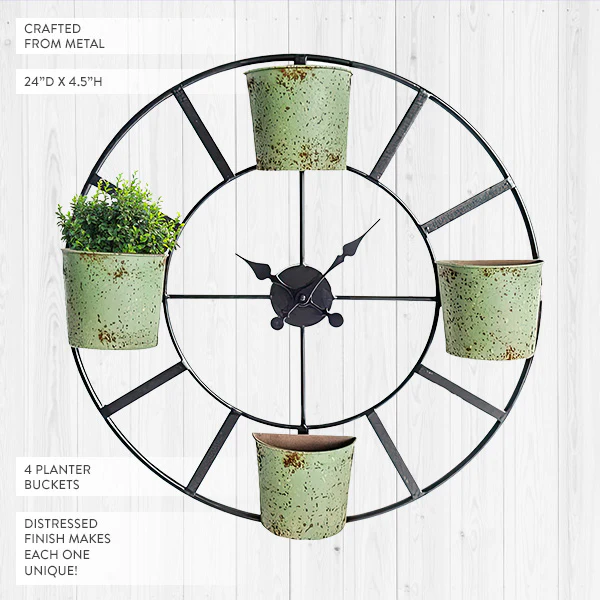 Distressed Green Metal Planter Clock