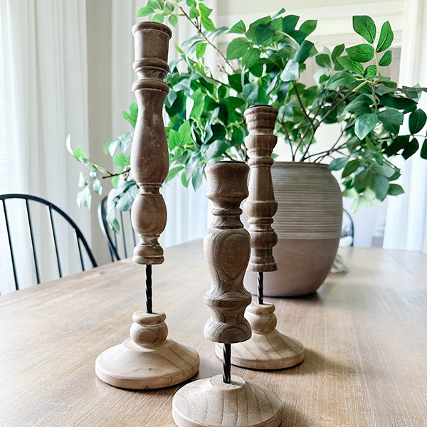 Carved Wooden Candlesticks, Set of 3