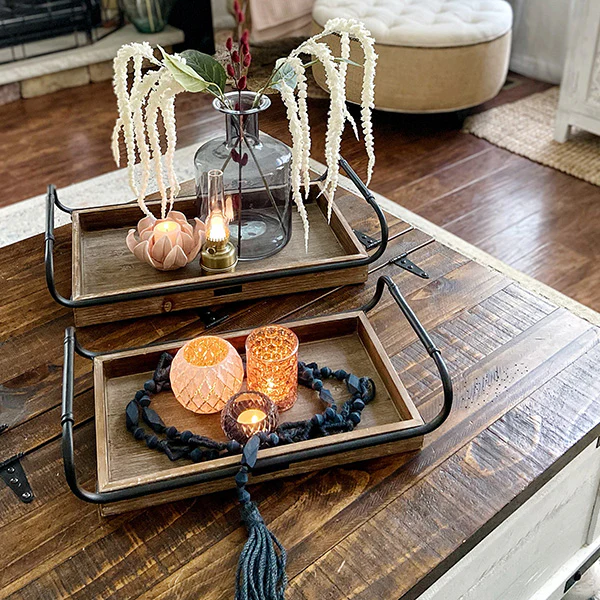 Weathered Wooden Trays with Rounded Metal Handles, Set of 2