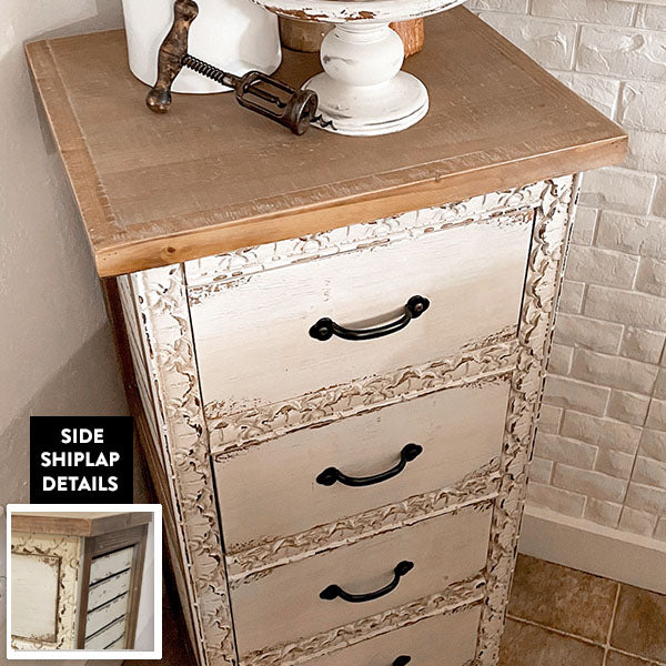 Intricately Carved Wooden Shiplap Dresser