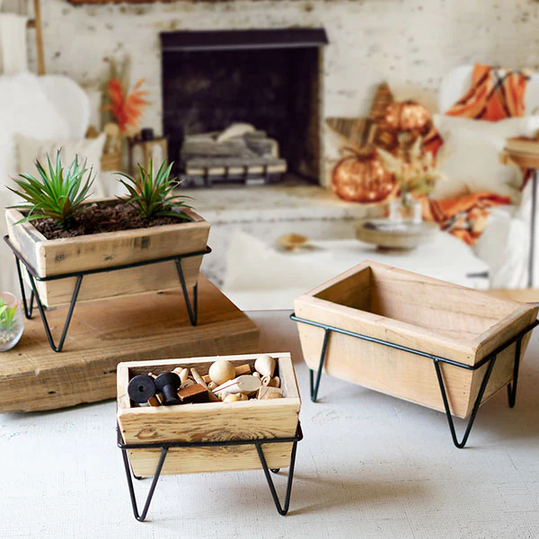 Recycled Wood Planters on Iron Bases, Set of 3