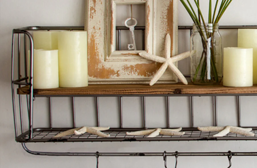 Two Tier Industrial Wire Shelf With Hooks, Set of 2