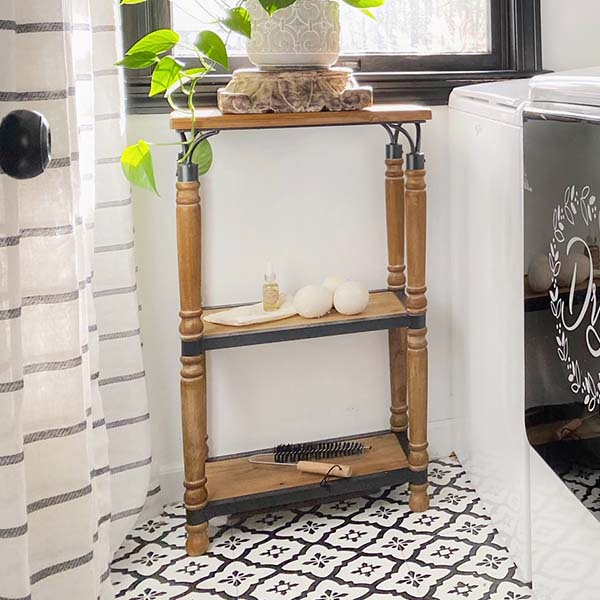 Metal and Wood Spindle Three-Tier Floor Shelf