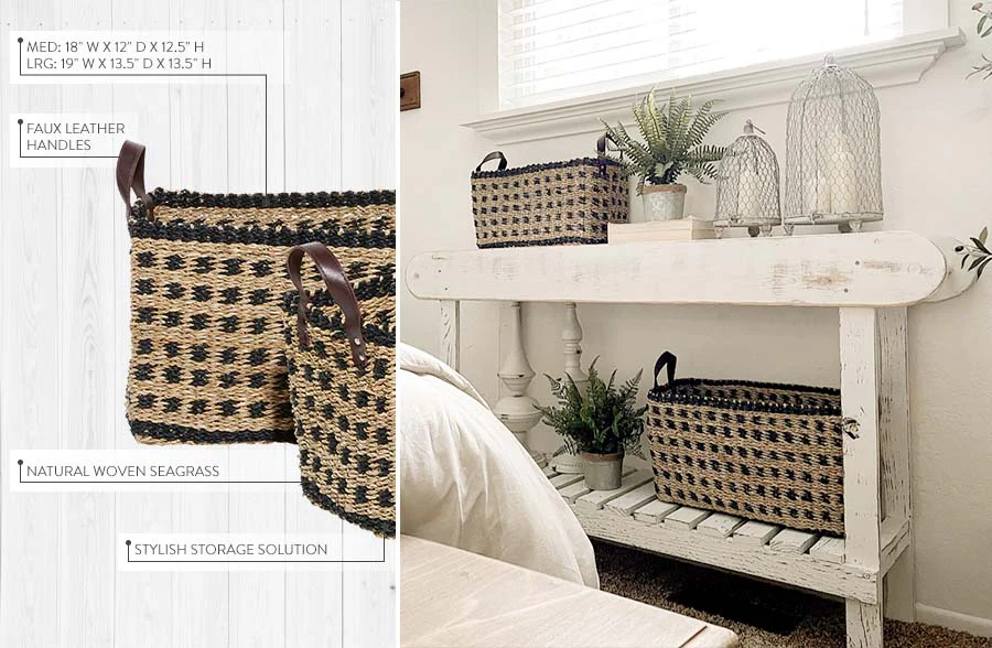 Handmade Woven Seagrass Baskets with Handles, Set of 2