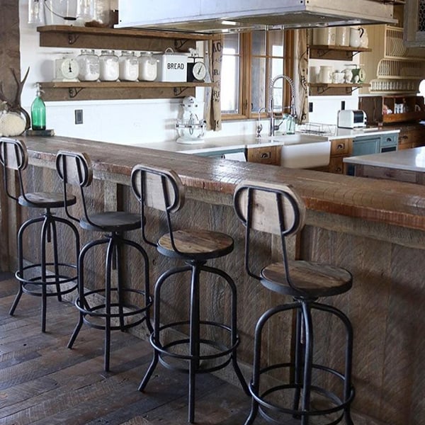 Distressed Natural Elm Wood Bar Stool With Back