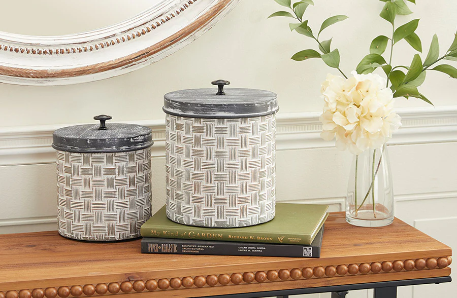 Distressed Basket Weave Textured Canisters, Set of 2