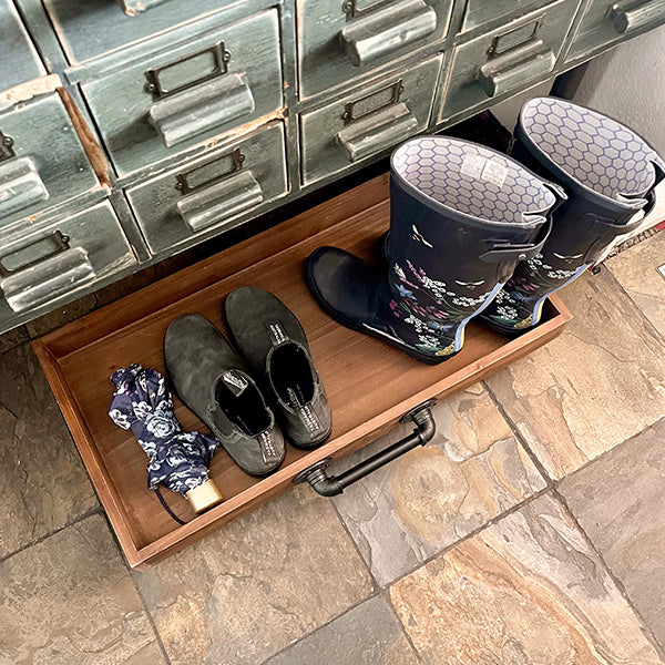 Rustic Wooden Shoe Tray With Wheels