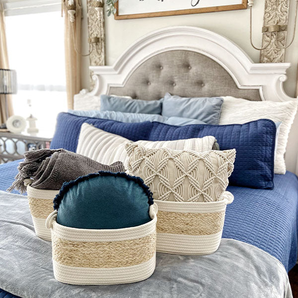 Two-Toned Striped Oval Baskets, Set of 3