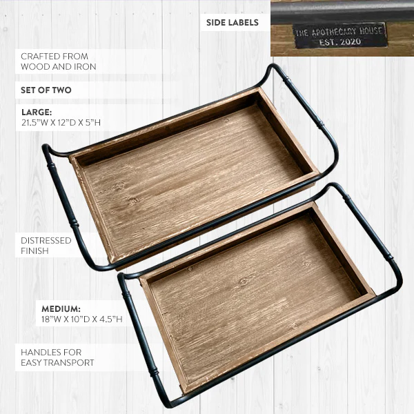 Weathered Wooden Trays with Rounded Metal Handles, Set of 2