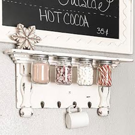 Chippy White Wooden Shelf with Hanging Mason Jars