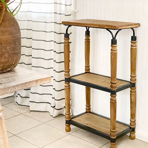 Metal and Wood Spindle Three-Tier Floor Shelf
