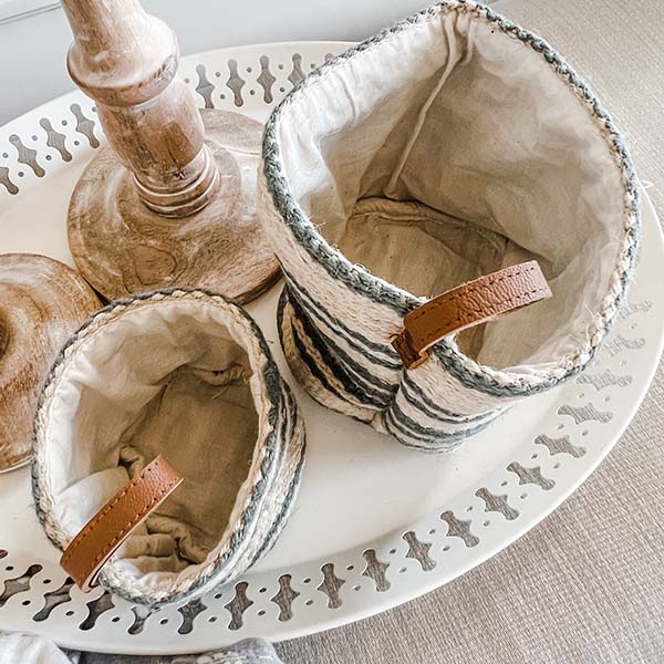 Hanging Jute Baskets with Leather Loops, Set of 2