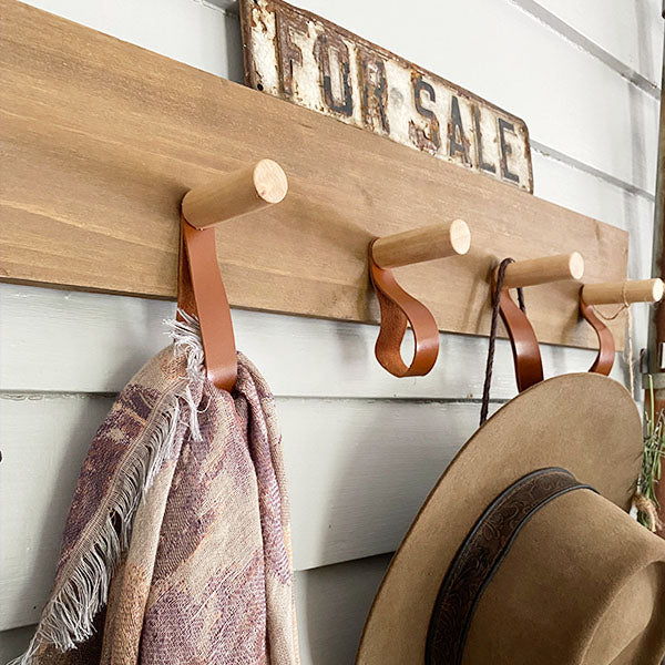 Rustic Wooden Peg and Leather Wall Hooks