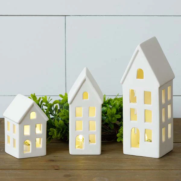 Modern Stoneware Lighted Houses, Set of 3