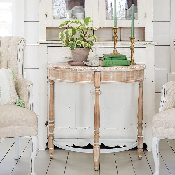 Whitewashed Wooden Half Moon Table with Metal Accents