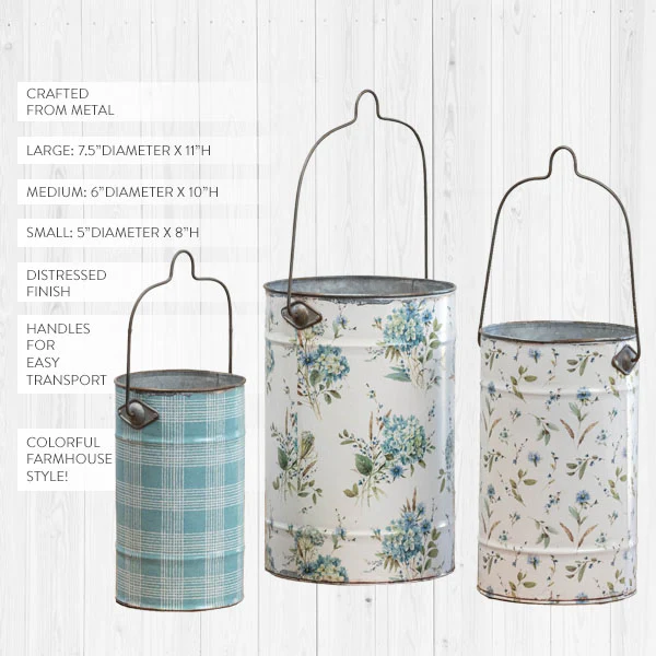 Vintage-Inspired Blue and White Tall Floral Pails, Set of 3
