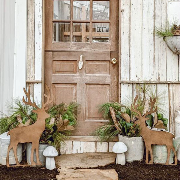 HUGE Rusted Patina Reindeer Yard Stakes, Set of 2